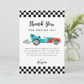 青いレースカーの男の子の誕生日パーティー サンキューカード (スタンド正面)