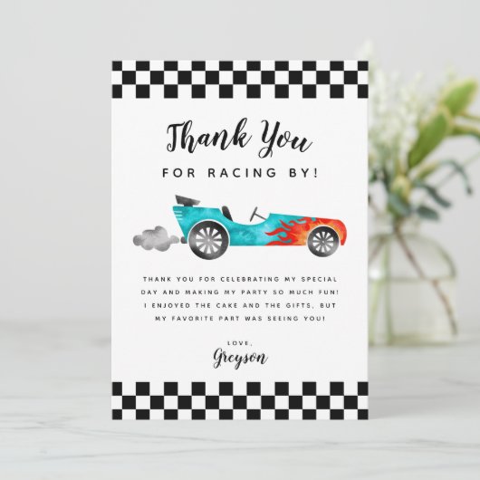青いレースカーの男の子の誕生日パーティー サンキューカード (スタンド正面)