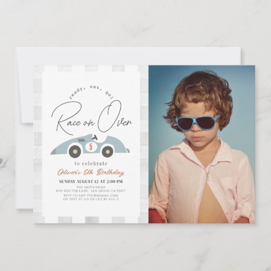 青いレースカーの男の子の誕生日写真「レッツゴー！早く来てね」 招待状 (正面)