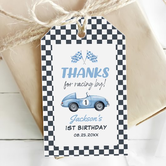 青いレースカーの男の子1歳の誕生日 ギフトタグ