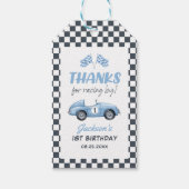 青いレースカーの男の子 1歳の誕生日 ギフトタグ (正面)