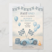 青いレースカーの1歳誕生日 招待状 (正面)