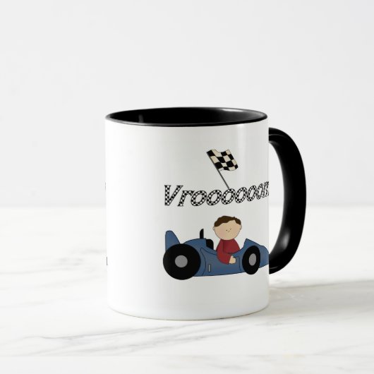 青いレースカーのTシャツおよびギフト マグカップ (正面右)