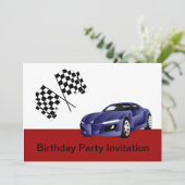 青いレースカーを持つ誕生日のパーティの招待状 招待状 (スタンド正面)