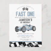 青いレースカー ファーストワン 1歳の誕生日パーティー招待状 ポストカード (正面)