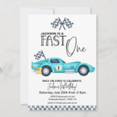 青いレースカー FAST ONE  1歳の誕生日 水彩 招待状 (正面)
