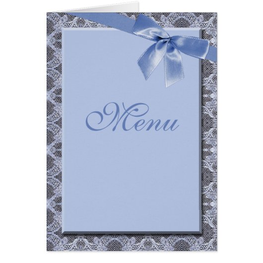 青いレース及びリボン-結婚式メニューカード (正面)