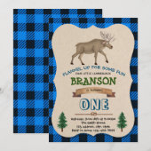 青いログジャケットの鹿の誕生日パーティー 招待状 (正面/裏面)