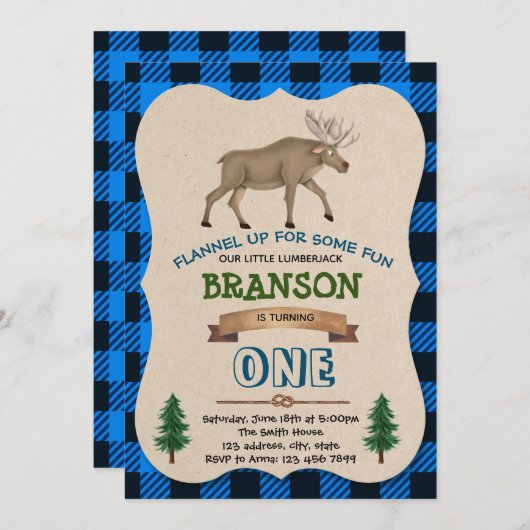 青いログジャムの鹿の誕生日パーティー 招待状 (正面/裏面)