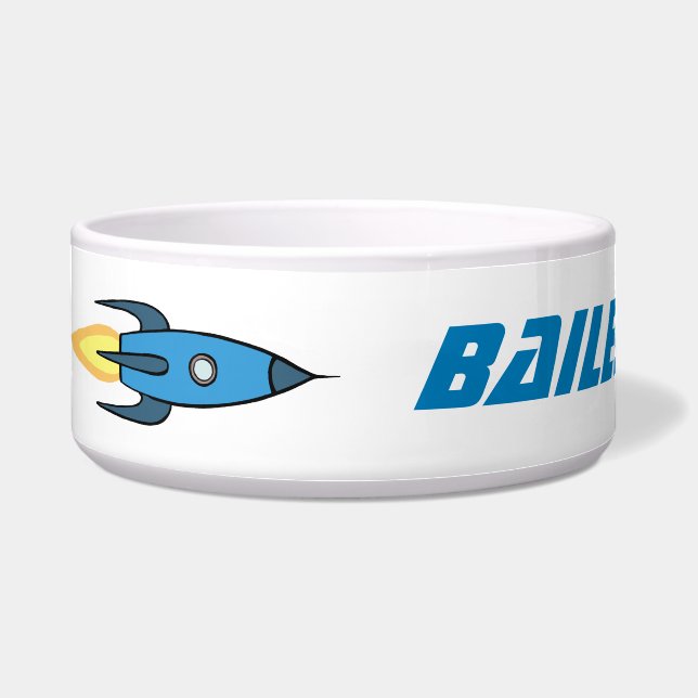青いロケットの船の宇宙のパーソナライズなペットネーム ボウル (正面)