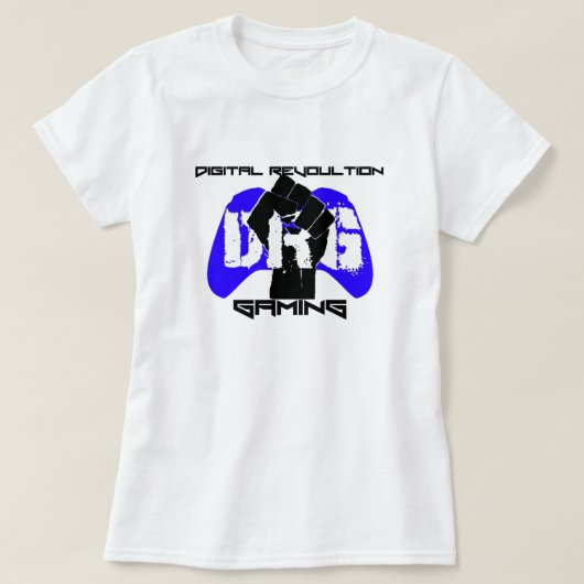 青いロゴのTシャツ: 白い女性 Tシャツ (デザイン正面)