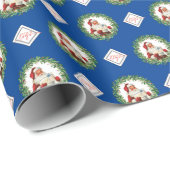 青いロゴ ファミリーフォト クリスマスリース サンタ ラッピングペーパー (ロールコーナー)