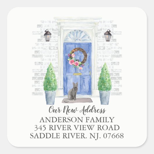 青いロシアのドア新しい住所ラベルのシール スクエアシール (正面)
