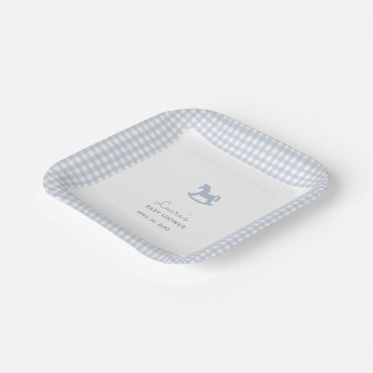 青いロッキングウマギンガム男縁どの子の赤ちゃんシャワー ペーパープレート (傾斜あり)