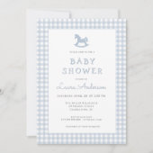 青いロッキングウマギンガム男縁どの子の赤ちゃんシャワー 招待状 (正面)