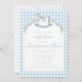 青いロッキングホースギンガムボー男の赤ちゃんシャワー 招待状 (正面)