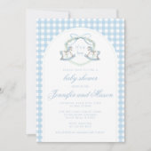 青いロッキングホースフランスのクレスト男の赤ちゃんシャワー 招待状 (正面)