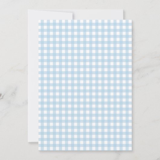 青いロッキングホースフランスのクレスト男の赤ちゃんシャワー 招待状 (裏面)