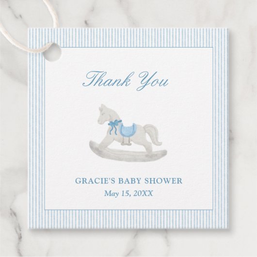青いロッキングホース男の子の赤ちゃんシャワーありがとう フェイバータグ (正面)