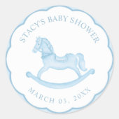 青いロッキングホース男の子の赤ちゃんシャワー好意ステッカー ラウンドシール (正面)