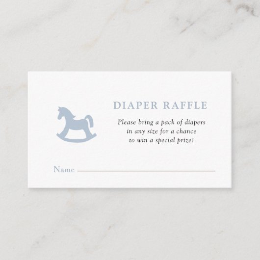 青いロッキングホース男の赤ちゃんシャワーおむつラッフル エンクロージャーカード (正面)