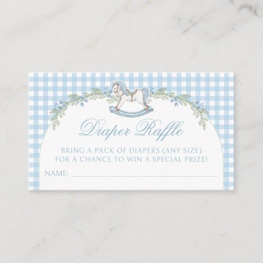 青いロッキングホース男の赤ちゃんシャワーおむつラッフル エンクロージャーカード (正面)