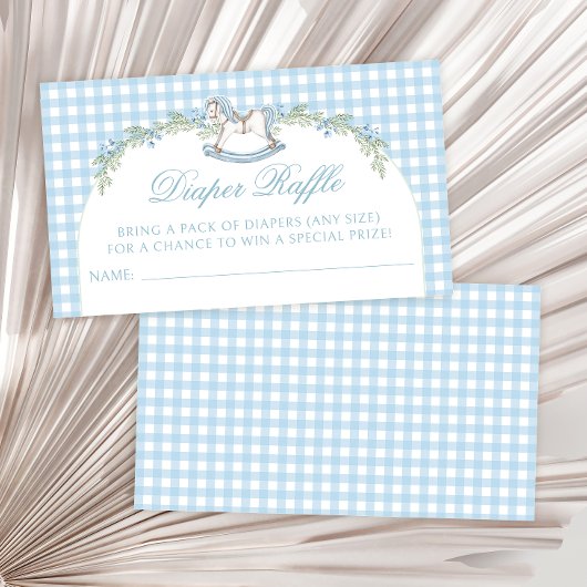 青いロッキングホース男の赤ちゃんシャワーおむつラッフル エンクロージャーカード