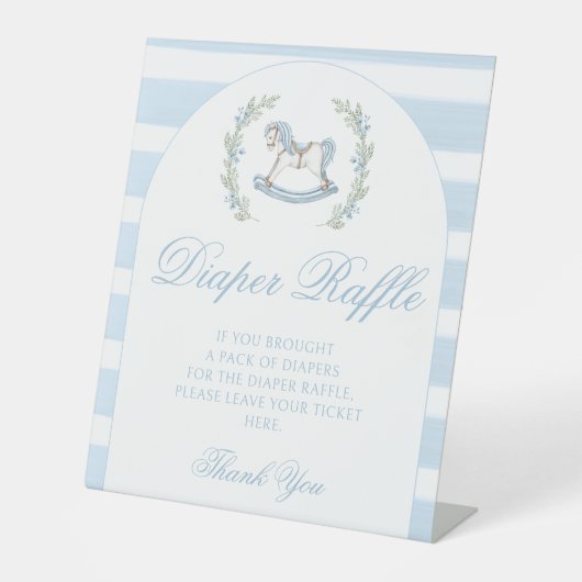 青いロッキングホース男の赤ちゃんシャワーおむつラッフル 台座サイン (正面)