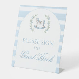 青いロッキングホース男の赤ちゃんシャワーゲストブックサイン 台座サイン