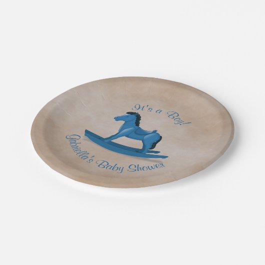 青いロッキングホース赤ちゃんシャワー ペーパープレート (アングル)