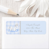 青いロッキングホース赤ちゃんシャワー ラベル (インサイチュ)