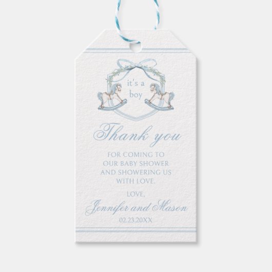 青いロッキングホースboho男の赤ちゃんシャワー感謝していユー ギフトタグ (正面)