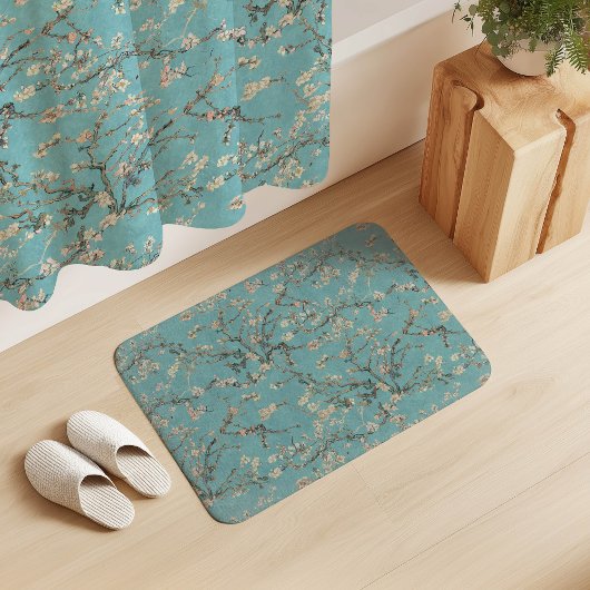 青いロビン卵色の上のゴッホの「アーモンドの花」 バスマット