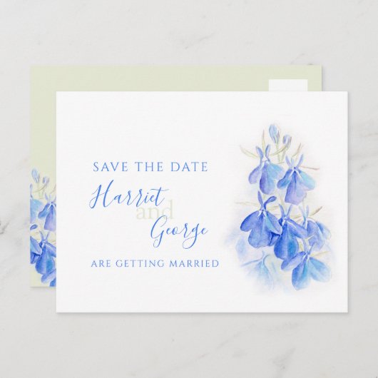青いロベリアの水彩画の芸術の保存日付 案内ポストカード (正面/裏面)