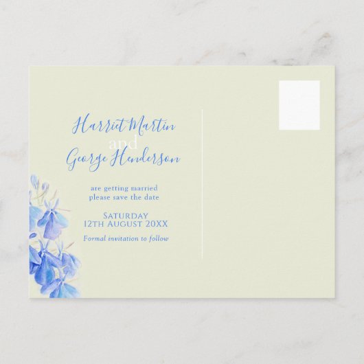 青いロベリアの水彩画の芸術の保存日付 案内ポストカード (裏面)