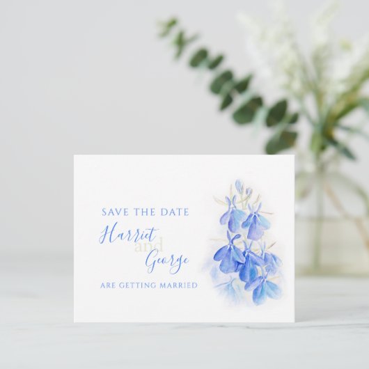 青いロベリアの水彩画の芸術の保存日付 案内ポストカード (スタンド正面)