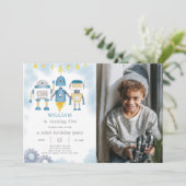 青いロボットの写真付き誕生日招待状 招待状 (スタンド正面)