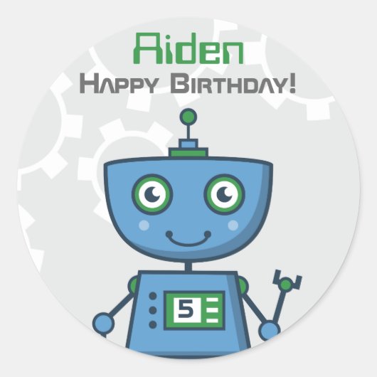 青いロボットの少年 お誕生日おめでとう ラウンドシール (正面)