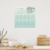 青いロマンチックグラデーションなフローラ金ゴールド書 ポスター (キッチン)