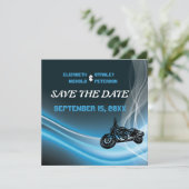 青いロードバイクのウェディング Save the Date アナウンスメント セーブザデート (スタンド正面)