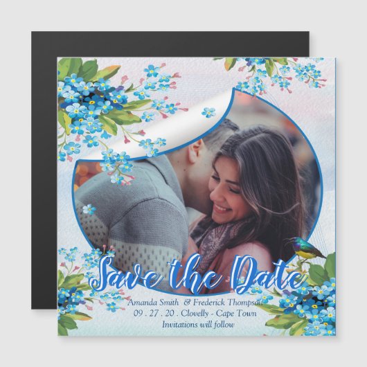 青いワスレナグサの花のSave the dates 発表 マグネット招待状 (正面/裏面)