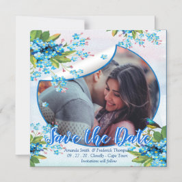 青いワスレナグサの花のSave the dates 発表 マグネット招待状