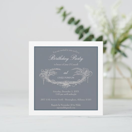 青いヴィンテージが華やかな成人誕生パーティー 招待状 (スタンド正面)