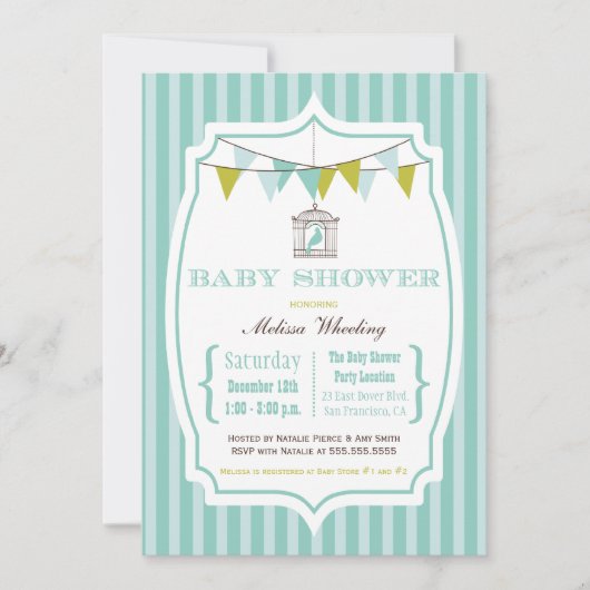 青いヴィンテージのタイポグラフィのベビーシャワーの招待 招待状 (正面)