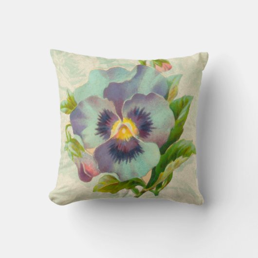 青いヴィンテージのパンジーの水彩画 クッション (正面)