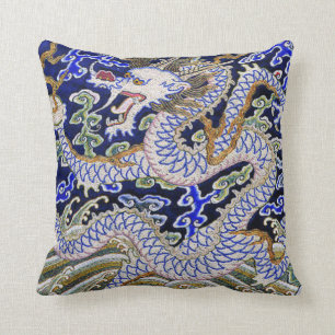 青いヴィンテージの中国のな入れ墨の刺繍のドラゴン クッション