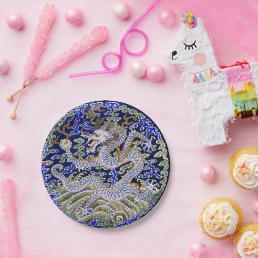 青いヴィンテージの中国のな入れ墨の刺繍のドラゴン ペーパープレート (パーティー)