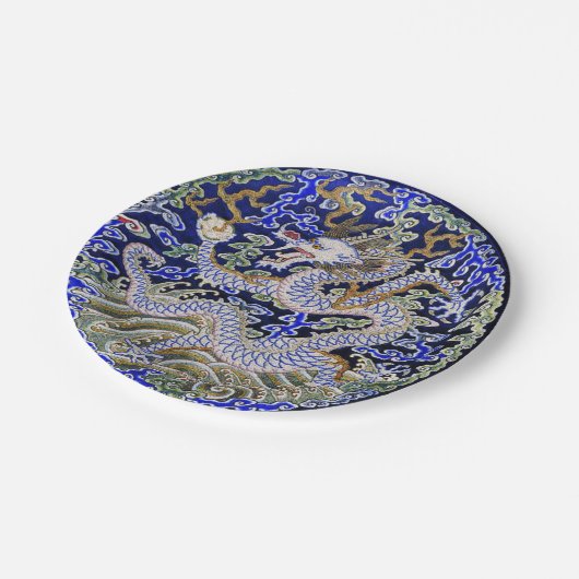 青いヴィンテージの中国のな入れ墨の刺繍のドラゴン ペーパープレート (アングル)