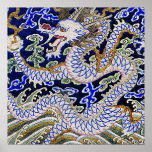 青いヴィンテージの中国のな入れ墨の刺繍のドラゴン ポスター