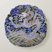 青いヴィンテージの中国のな入れ墨の刺繍のドラゴン ラウンドクッション (正面)